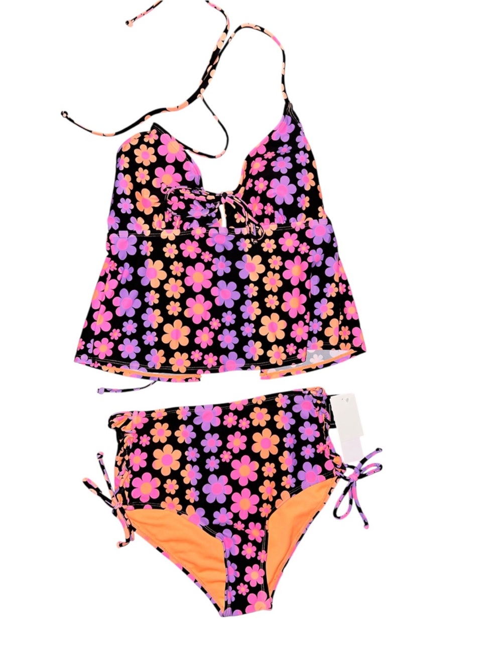 Salt + Cove Juniors Floral Tankini Swimsuit - Black with Pink & Orange Flowers